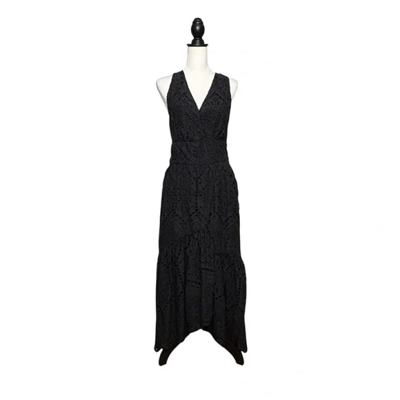 Anthropologie Maeve Eyelet Faux Wrap Midi Dress Size 10 Black Self Tie Belt - Picture 5 of 14